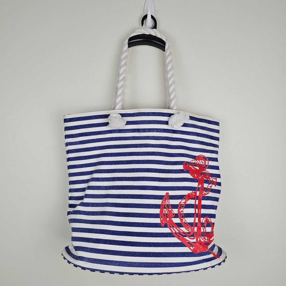 Nautical Rope Handle Canvas‎ Tote Bag Women OS Blue Striped Anchor